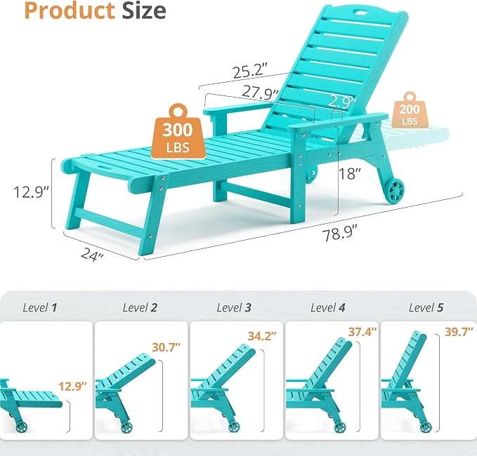 LUE BONA Lounge Chair Outdoor Set of 4, HDPS Chaise Lounge Outdoor - Image 7