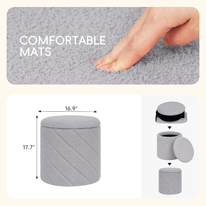 PINPLUS Ottoman with Stroage Round Boucle Ottoman and Tray Sherpa Removable - Image 3