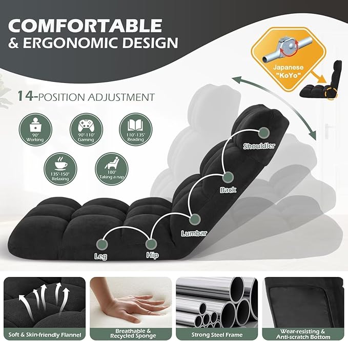 Folding Floor Gaming Chair, 14-Position Adjustable Backrest, Skin-Friendly - Image 5
