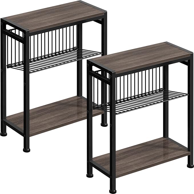 Small Side Table Set of 2 for Small Space, 3-Tier Narrow End Tablewith Magazine by HOME