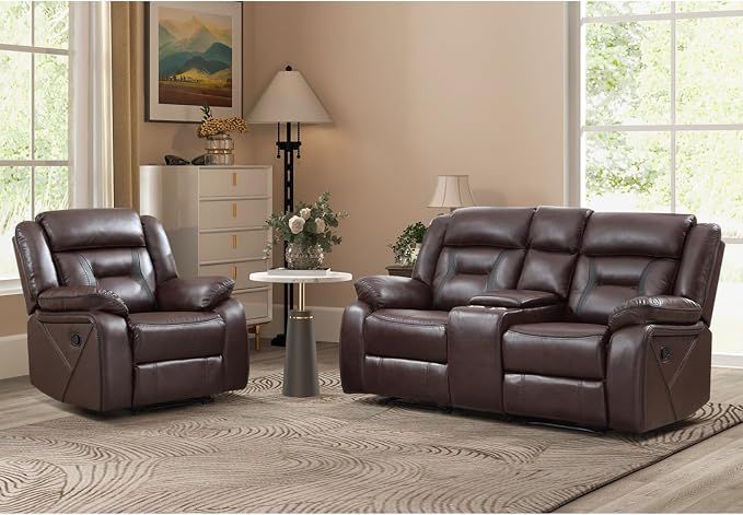 EBELLO Manual Recliner Sofa Set, Faux Leather Reclining Living Room Furniture by EBELLO
