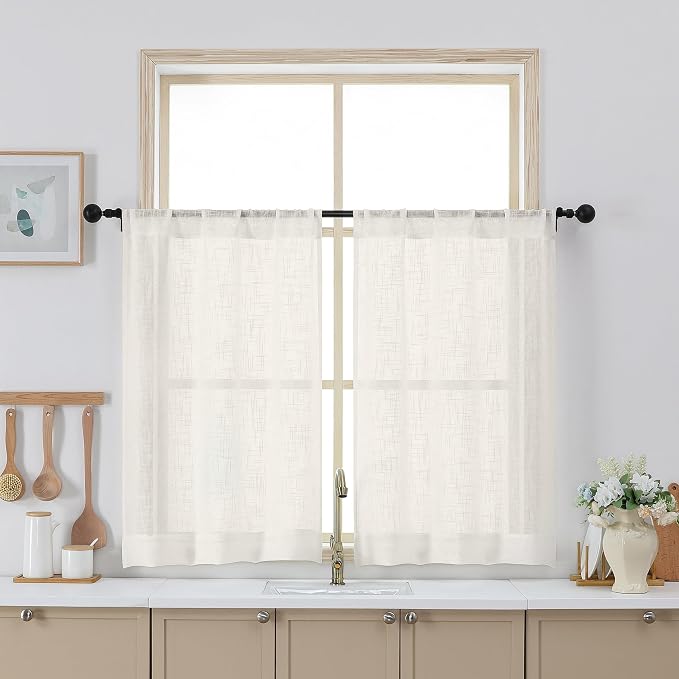 Chyhomenyc Ivory Semi Sheer Curtains 36 Inch Length, Light Filtering Faux Linen by Chyhomenyc