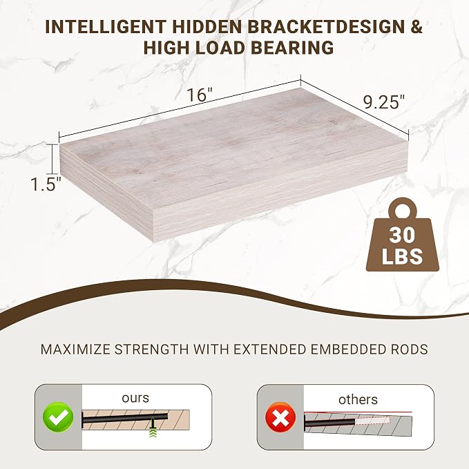 Acovy 16 Inch Floating Shelves, 3D Textured Wood Grain, Wooden Shelves - Image 3