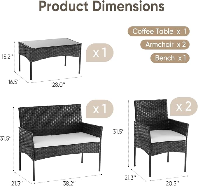 DUMOS 4 Piece Patio Furniture Set, All-Weather Outdoor Wicker Conversation Set - Image 7