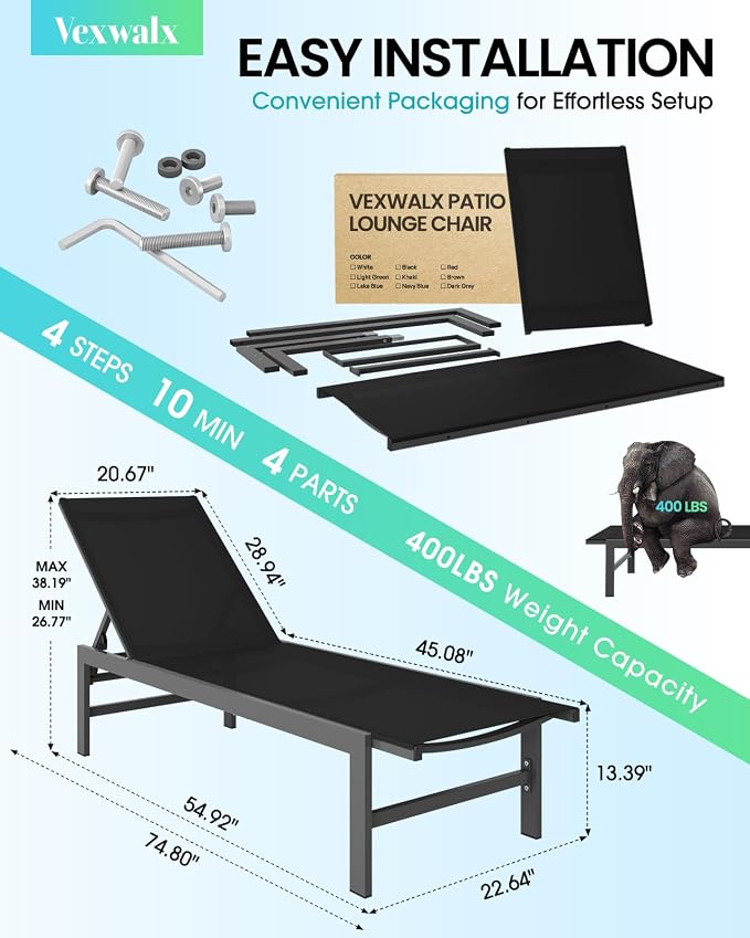 Vexwalx Outdoor Lounge Chairs Set of 2, Aluminum Patio Chaise Lounge Chairs - Image 3