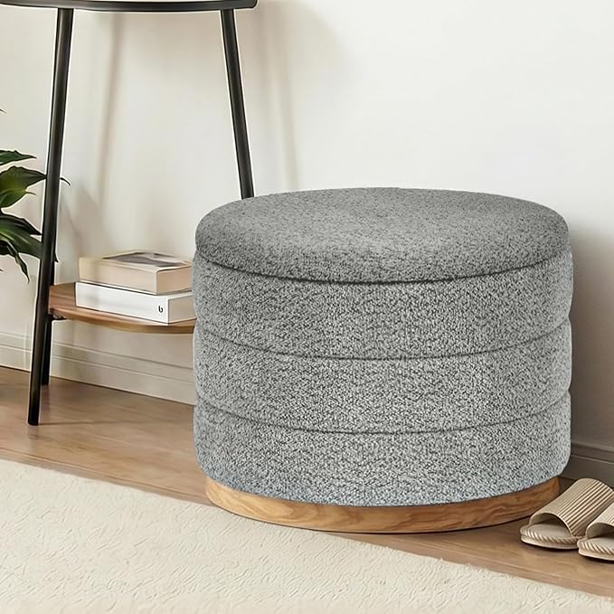 Round Storage Ottoman with Tray Lid, Folding Chenille Fabric Footrest with - Image 8
