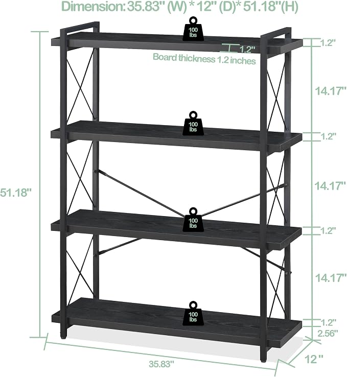 HCHQHS Bookshelf, 4-Tier Industrial Bookcase, Freestanding Tall Bookshelves - Image 3