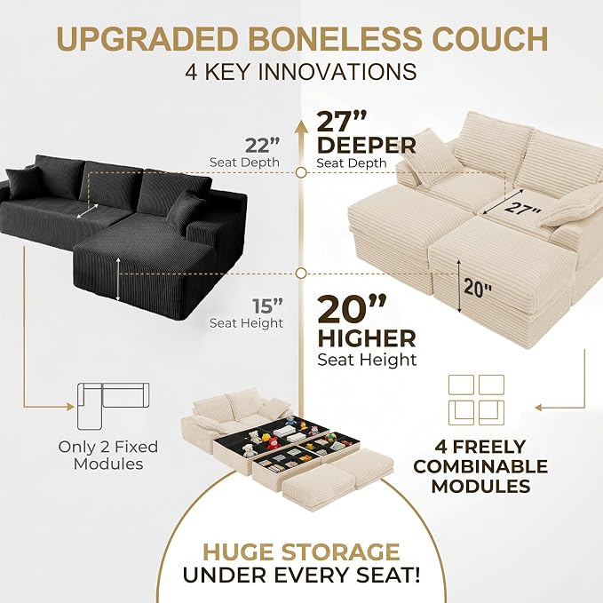 Upgrade Boneless Couch with Storage, Extra Deep&High Seat Modular Sectional - Image 6
