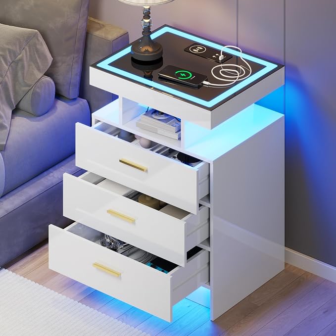 White Night Stand with Wireless Charging Station, Smart Bedside Table with 3 - Image 9