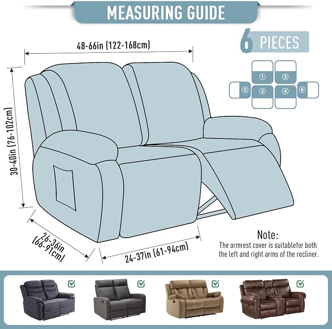 TAOCOCO Recliner Loveseat Slipcover, 6 Pieces Dual Recliner Sofa Covers - Image 5