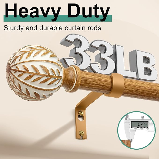 QDWIS Boho Wood Curtain Rods for Windows 48 to 84 inch, Rustic Decorative - Image 4