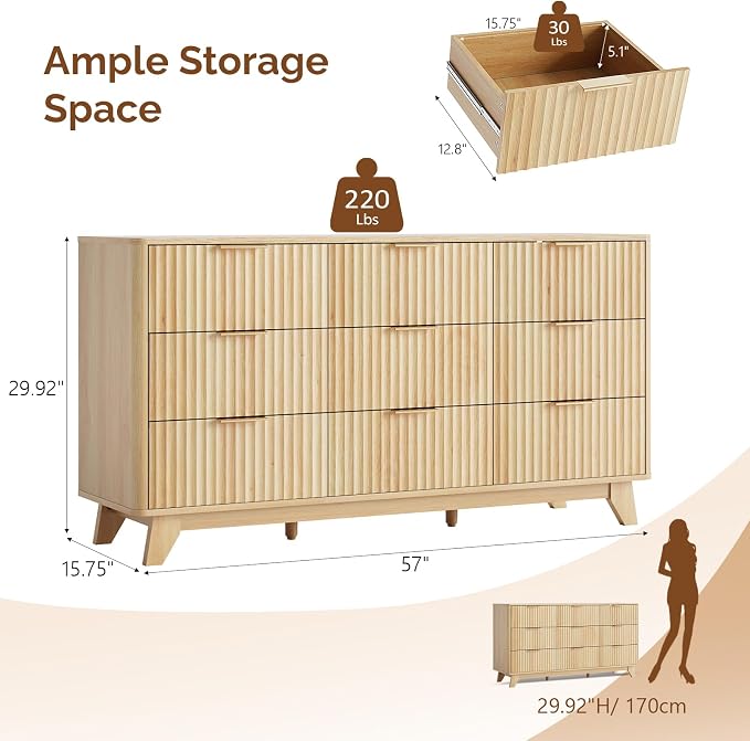 VINGLI Fluted 9 Drawer Dresser for Bedroom, Wood Dresser - Image 2