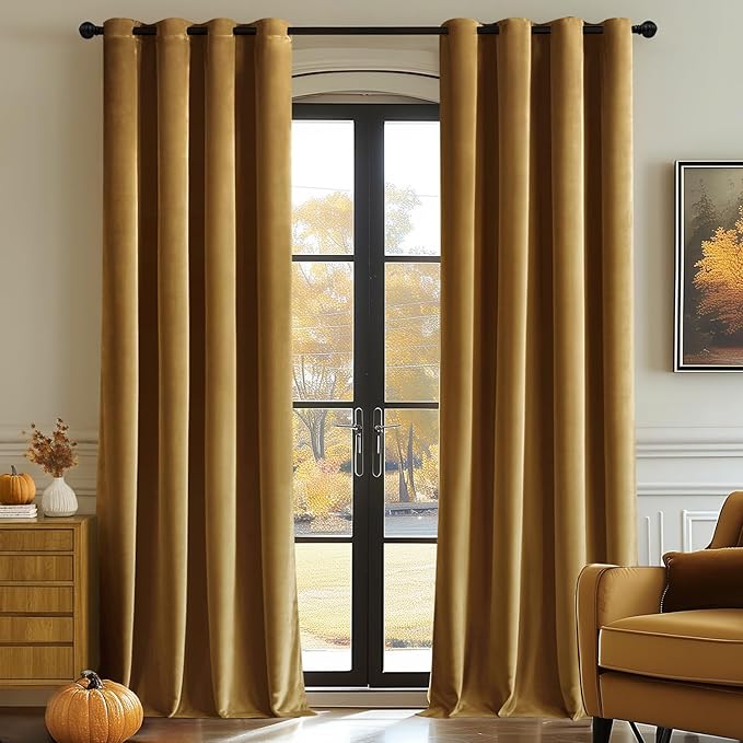 MIULEE 90 Inches Velvet Curtains Gold Elegant Grommet Curtains Fall Thermal by MIULEE