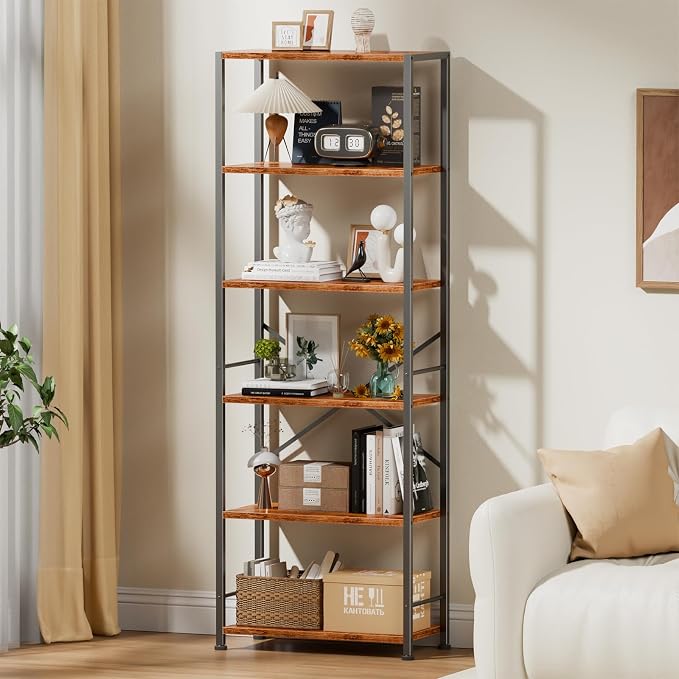 Furologee 6 Tier Book Shelf, Tall Wide Bookshelf, Industrial Open Bookcase - Image 2