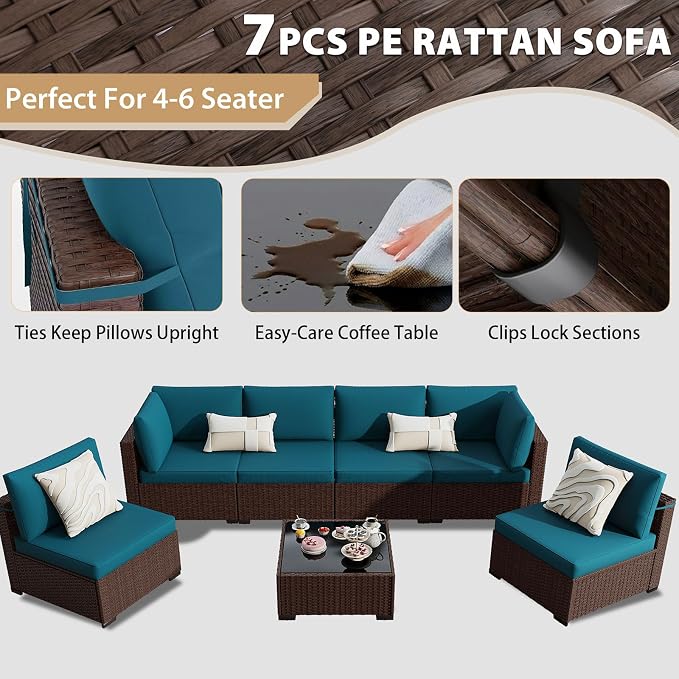 KIGOTY Patio Furniture Set, 7 Pieces Modular Outdoor Sectional Sofa, PE Rattan - Image 5