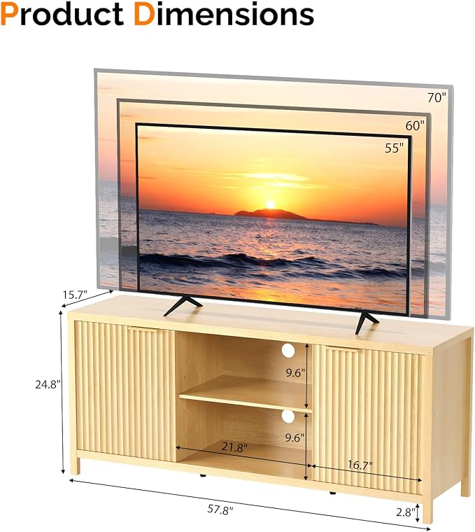 VINGLI 57.8" TV Stand for 70 Inch TV, Mid Century Modern Media Console - Image 2