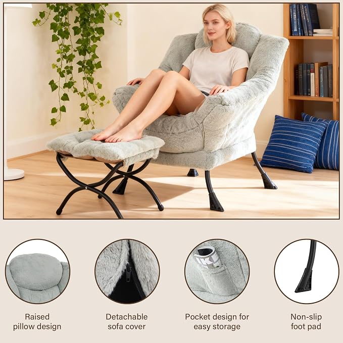 Welnow Lazy Chair with Ottoman, Modern Accent Chair with Armrests and a Side - Image 4