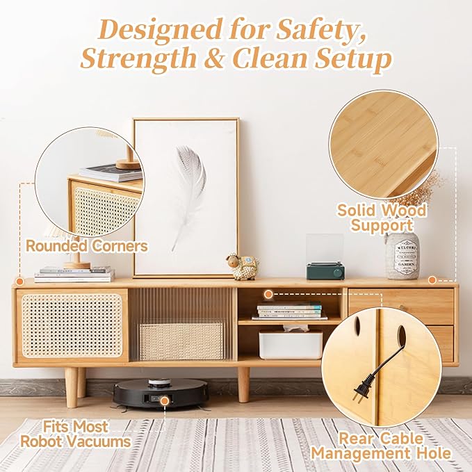 Tiita Rattan TV Stand for 55 60 Inch TV, Bamboo TV Cabinet - Image 4