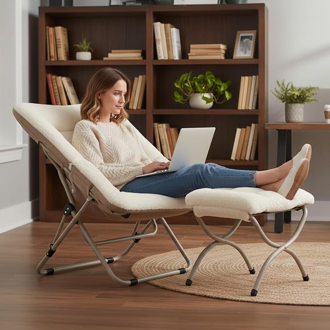 Tiita Folded Chair with Ottoman, Soft Faux Fur Oversized Folding Accent Chair - Image 2