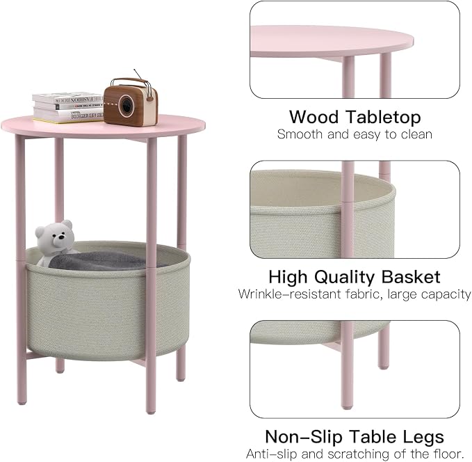 DGSANDGO Round End Table with Fabric Basket, Bedside Table with Storage - Image 4