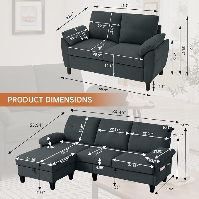 84" Convertible Sectional Sofa Set, 3 Seat L Shaped Couch - Image 2