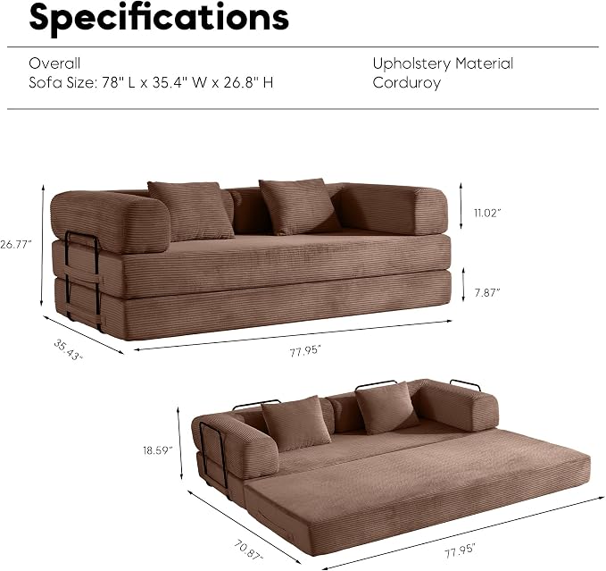 ZEIINPA Convertible Sleeper Sofa Bed, Corduroy Floor Couch - Image 2