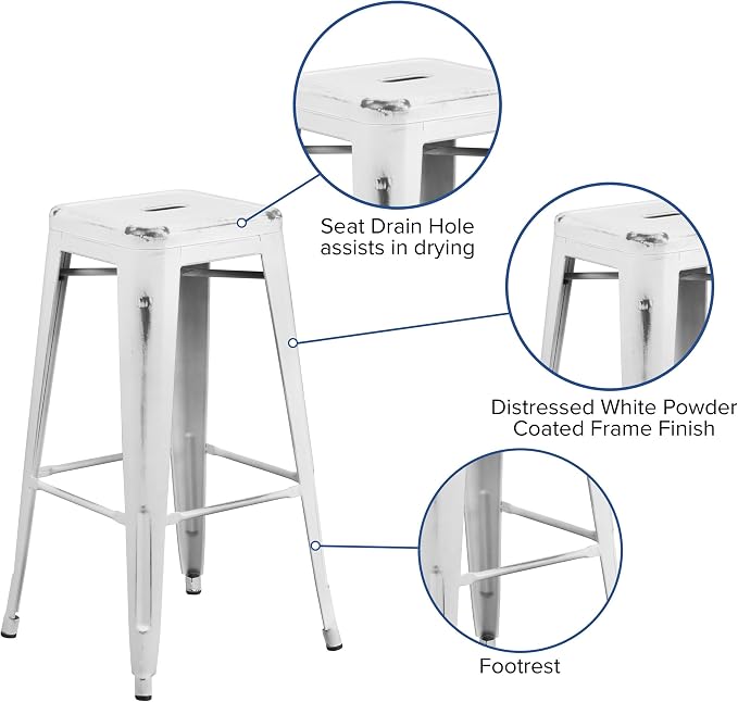 Flash Furniture Kai Commercial Grade 30" High Backless Distressed White Metal - Image 5