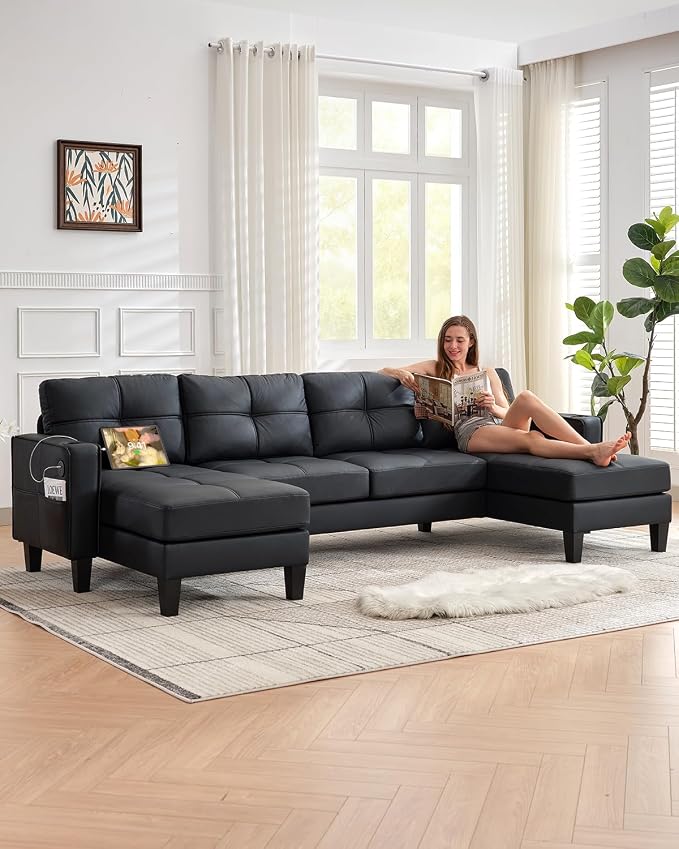 TYBOATLE 116’’ W Black Faux Leather Sectional Couch w/USB and Cup Holders - Image 3