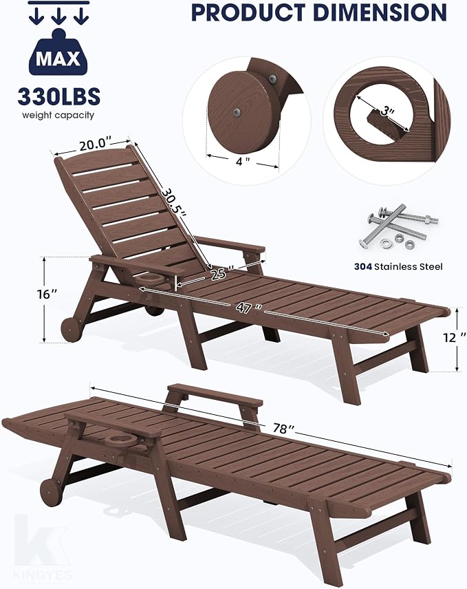 KINGYES HDPE Lounge Chair Outdoor, Patio Chaise Lounge Recliner - Image 2