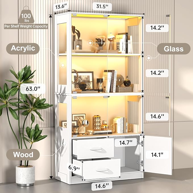 Display Cabinet with Glass Doors, 4-Tier Display Case with 3-Color Lights & - Image 2