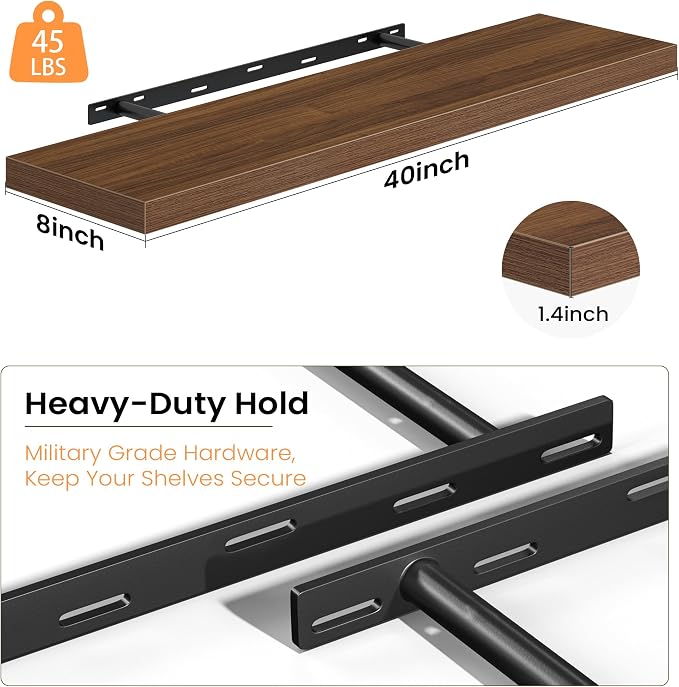 Fun Memories Floating Shelves for Wall, 40 Inch Long Set of 2 Rustic Wood Wall - Image 4
