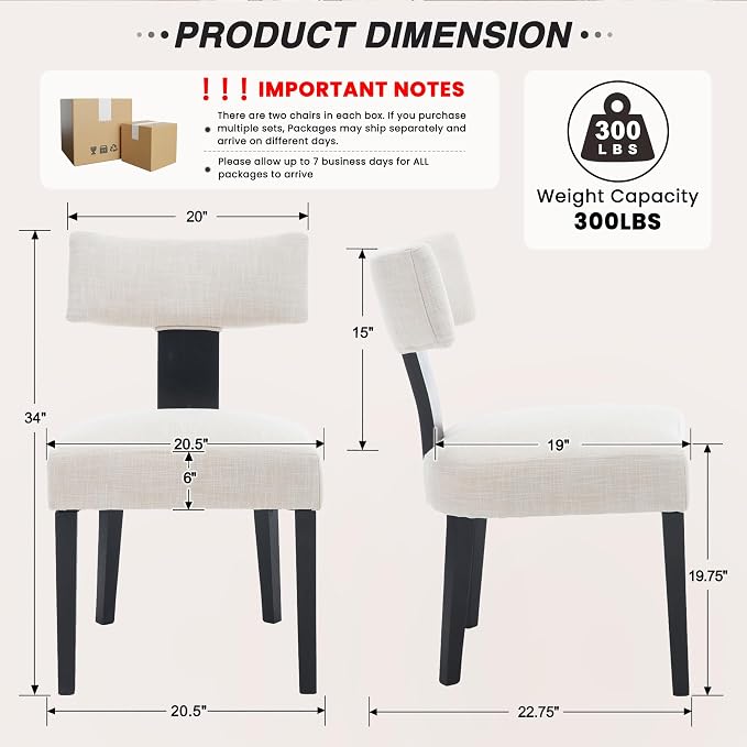 HNY Mid Century Modern Farmhouse Dining Chairs Set of 2, Linen Upholstered - Image 2
