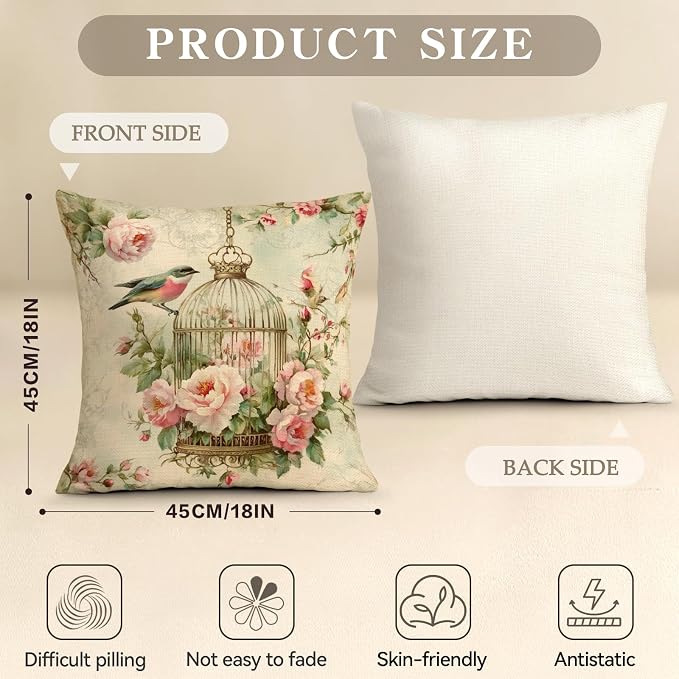 OBSEDE Vintage Throw Pillow Covers Set of 2, 18x18 Inch Pink Rose and Bird Print - Image 3