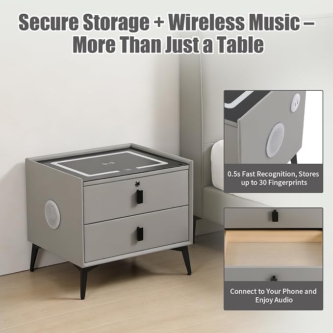 Smart Nightstand with Charging Station, Adjustable LED, USB Ports, Fingerprint - Image 4