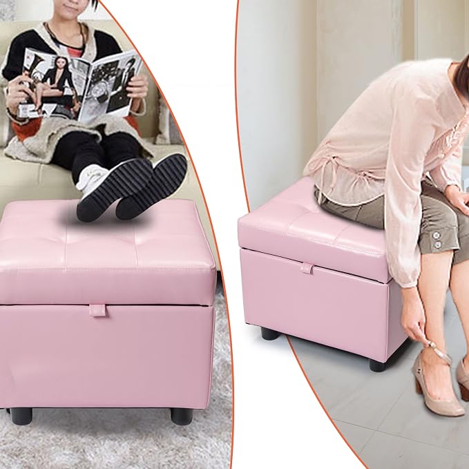 H&B Luxuries Tufted Leather Square Flip Top Storage Ottoman Cube Foot Rest - Image 8