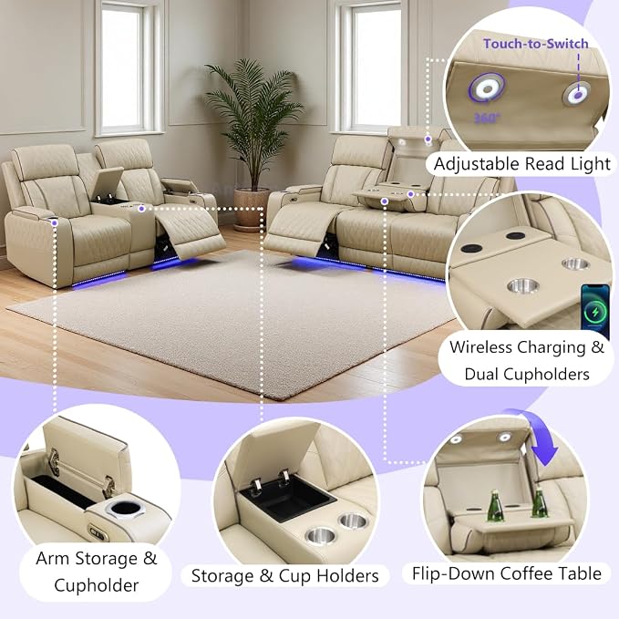 Power Recliner Sofa Set, Living Room Furniture Sets, Leather Reclining Sofa Set - Image 5