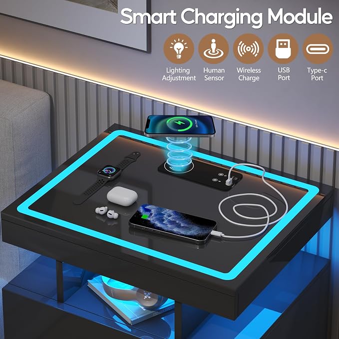 LED Nightstand with Wireless Charging Station, Glass Top Smart Bedside Table - Image 3