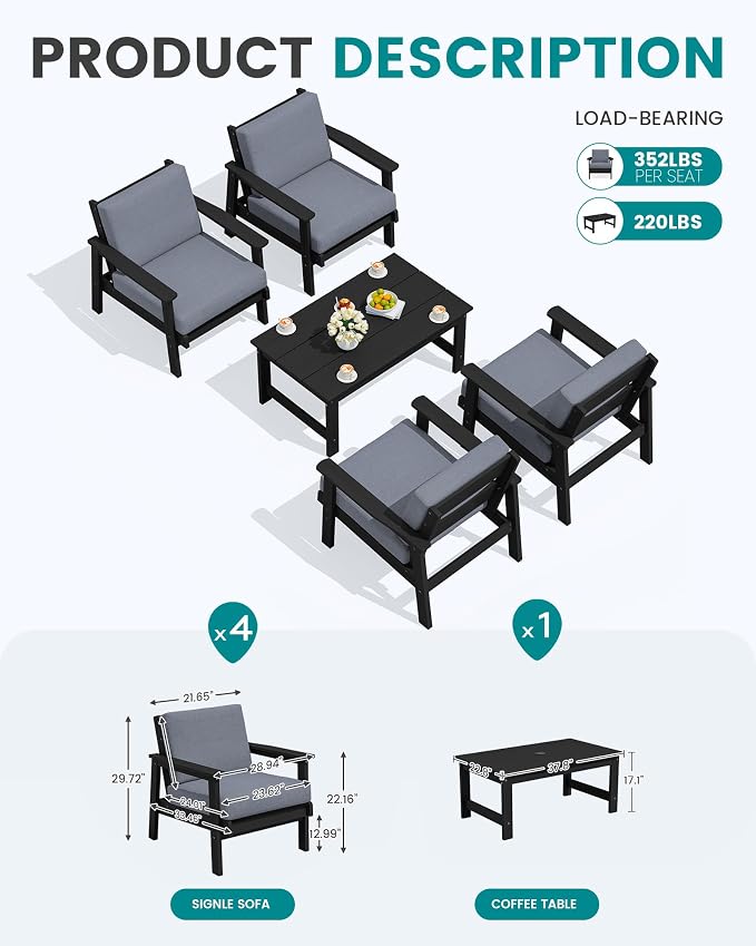 SERWALL Outdoor Patio Furniture Set, 5 Piece HDPE Patio Conversation Sets - Image 2