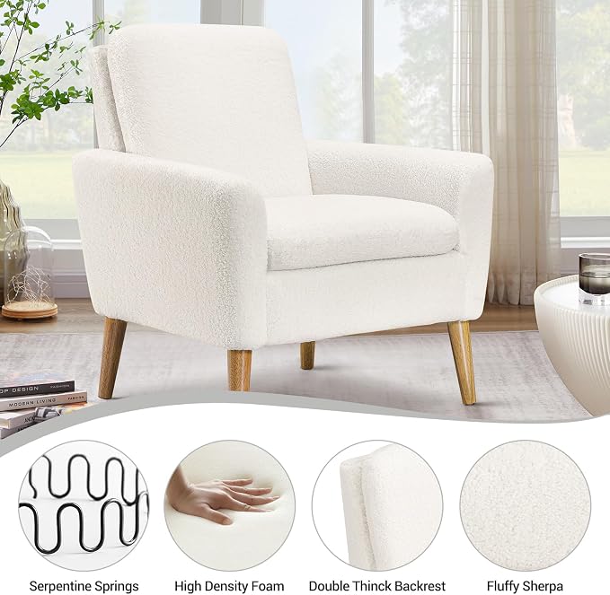 Sherpa Accent Chair, Modern White Teddy Fabric Upholstered Comfortable Armchair - Image 4