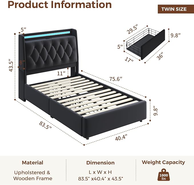 Twin LED Velvet Bed Frame with 2 Storage Drawers&Hidden Headboard, Upholstered - Image 2