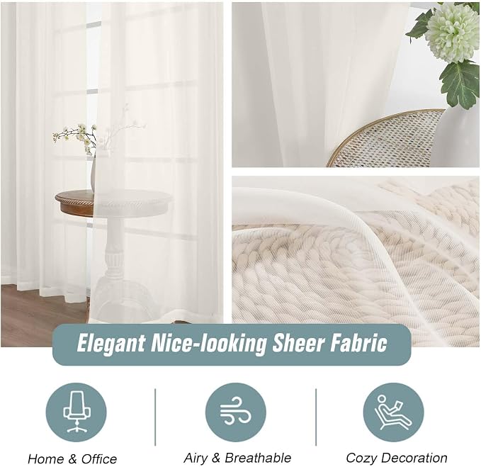 Ivory Sheer Curtains for Window 96 Inches Long 2 Panels Set, Soft Airy Light - Image 4