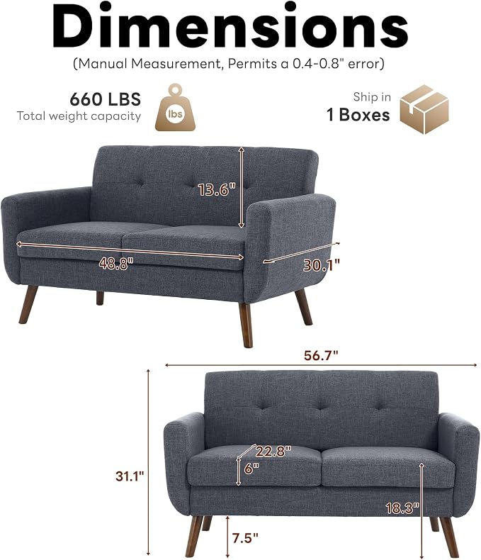 Tbfit 56" W Loveseat Sofa, Mid Century Modern Decor Love Seat Couches - Image 2