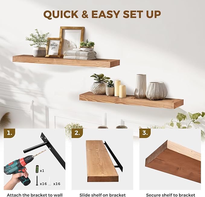 36x8x1.6 inch Floating Shelves Set of 2 – Solid Wood Rustic Oak Wall Mounted - Image 5