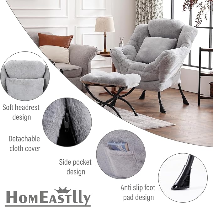 Lazy Chair with Ottoman, Large White Gray Lounge Accent Chair with Ottoman and - Image 6