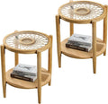 RUSTOWN Rattan Nightstands Set of 2, Boho Wood Round Side Tables, 2-Tier by RUSTOWN