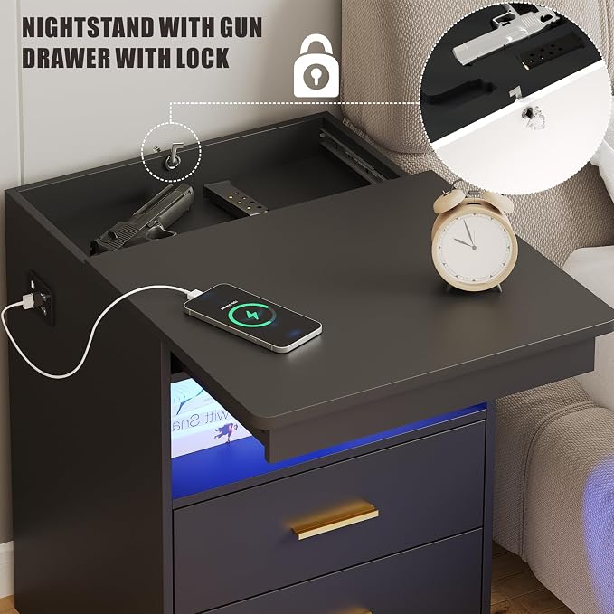 Night Stand with Gun Drawer, Charging Bedside Table with USB & Type-C Port - Image 3