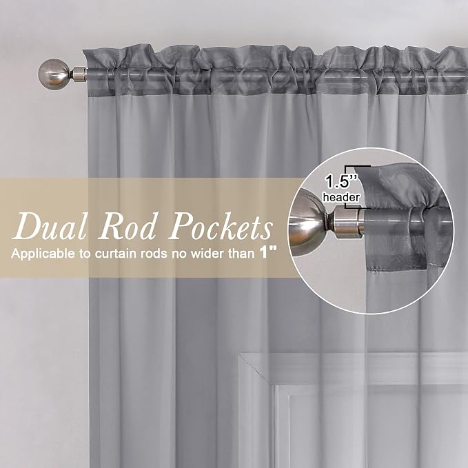 Lecloud Charcoal Grey Sheer Curtains 84 Inches Long 2 Panels, Voile Airy Light - Image 2