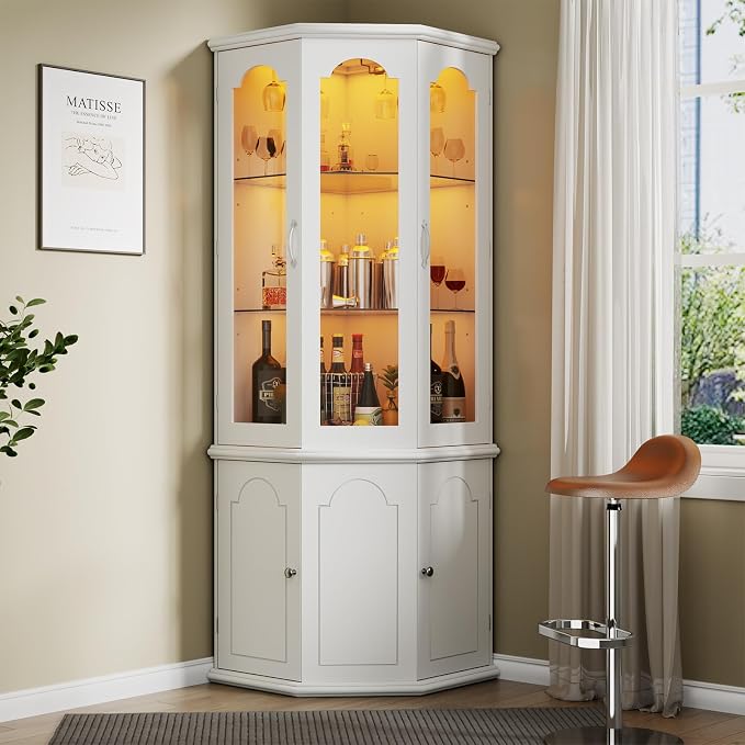 Gyfimoie Corner Bar Cabinet w/LED Lights, Tall Modern Wine Cabinet - Image 3