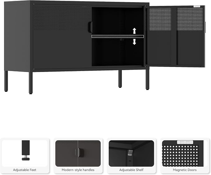 Metal Storage Cabinet, 2 Door TV Stand, Metal Mesh Accent Cabinet, Magnetic - Image 4