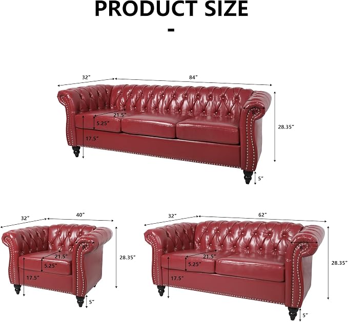 AVZEAR Chesterfield Leather Sofa 3 Seater Couch, Mid-Century Large Sofa Roll - Image 2